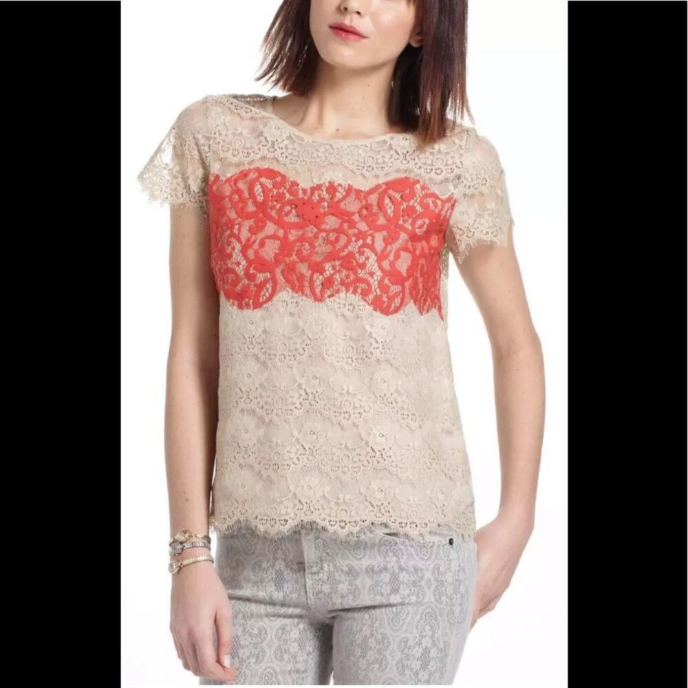 Porcelain Tan Orange Sheer Lace Pullover Shirt Unsized Fits M Boho Textured EUC